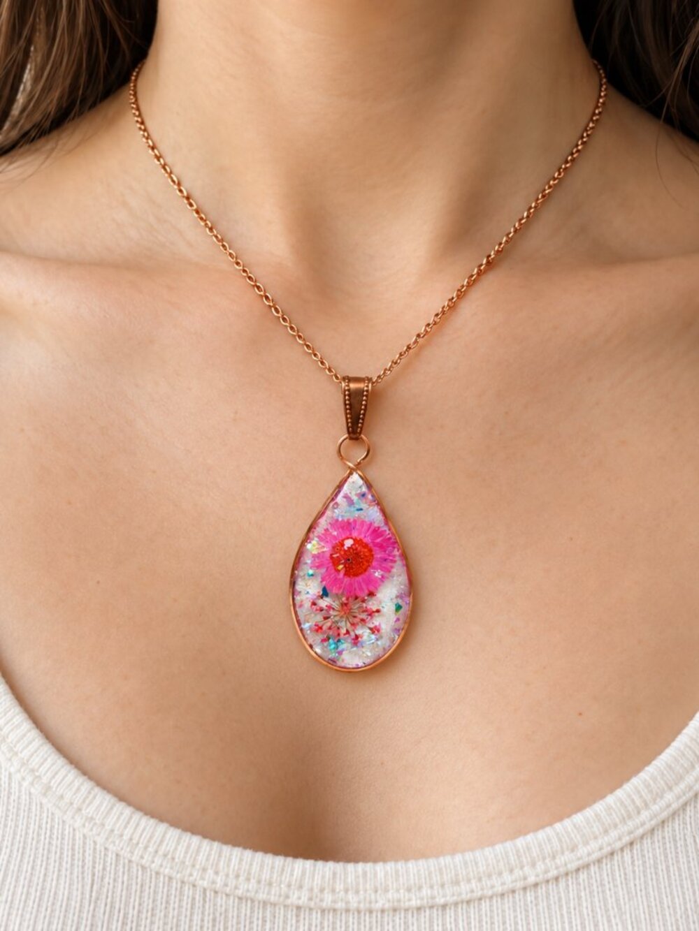 Handmade Pink Floral Resin Necklace • Copper Wirework